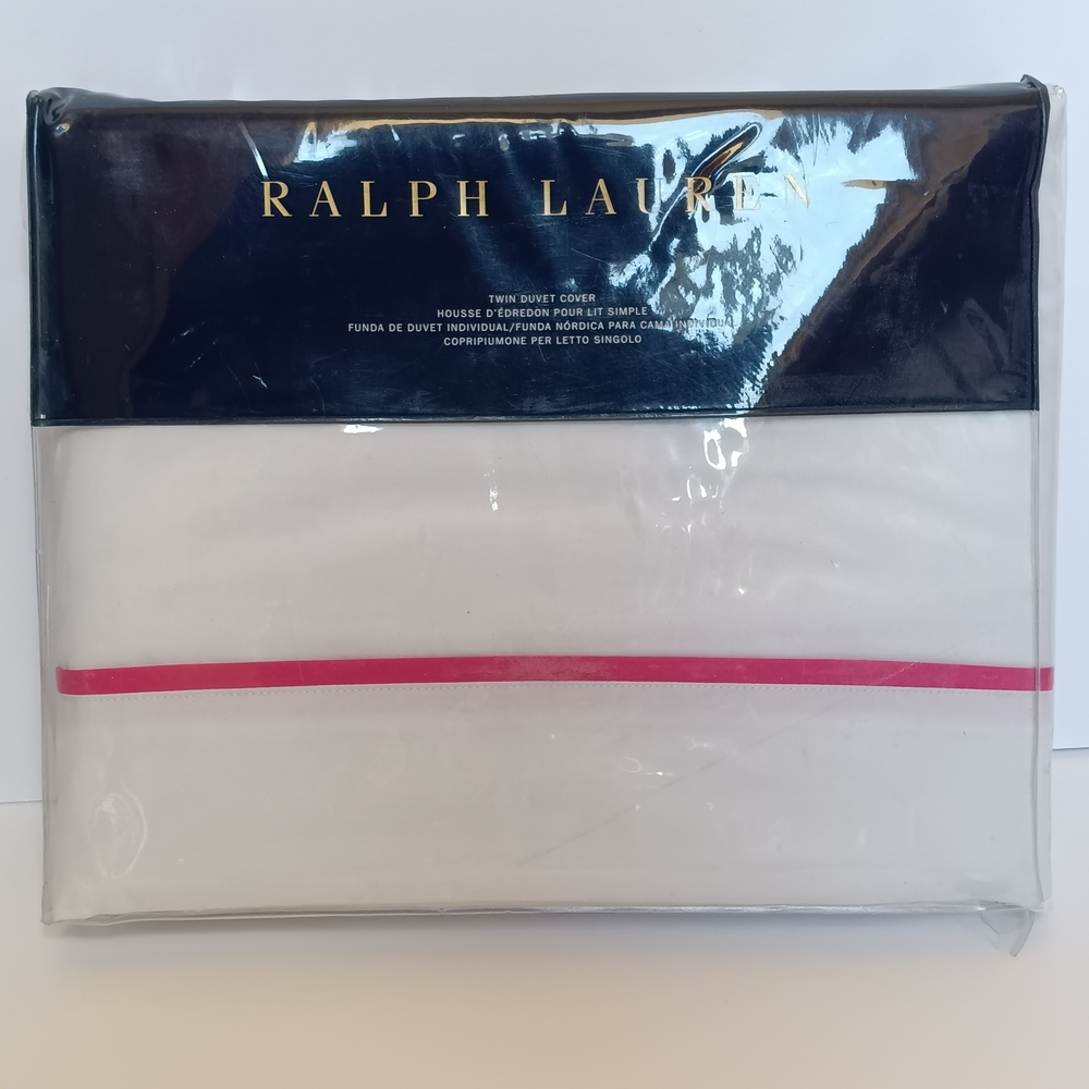 NEW Ralph Lauren TWIN Palmer Percale Duvet Cover White with Pink Trim